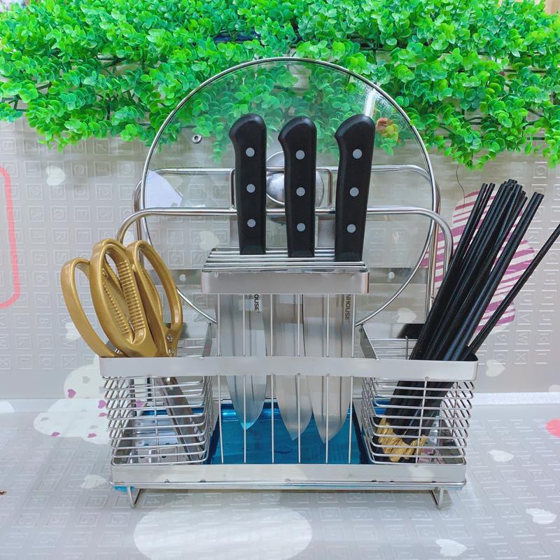 Kệ cài dao, cài thớt, cắm đũa đôi inox -có khay hứng nước cao cấp