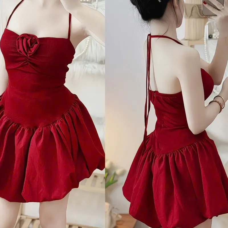 Đầm yếm cột cổ dáng bí kèm quần trong đính hoa giữa eo có mút xinh xắn 7