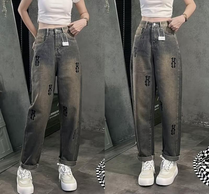 (FREESHIP) QUẦN BAGGY JEANS NỮ KHÔNG GIÃN XANH PHỦ ÁNH VÀNG BỤI THÊU CHỮ H ĐEN PHONG CÁCH-CHẤT JEAN BÒ DÀY CHUẨN FORM ĐẸP Women Sen Navy Loang