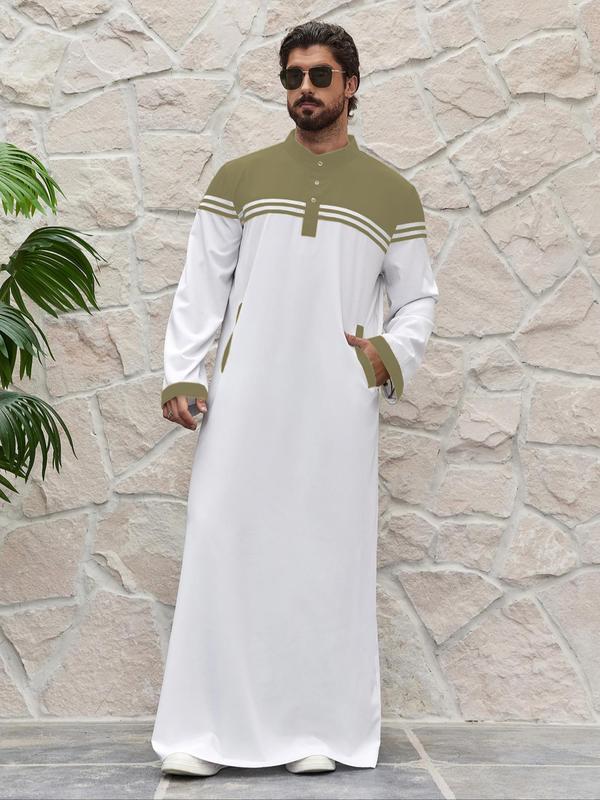 Men's Striped Print Half Button Kaftan, Modest Long Sleeve Pocket Arabian Clothing, Fashion Men's Islamic Clothing for Spring & Fall, Casual Muslim Thobe, Thobes for Men 7