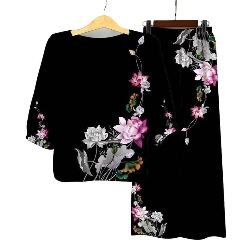  Đồ bộ lụa in hoa tặng bà tặng mẹ sang trọng Nữ Women Voi Áo Top Polo Sen Kem Hoa Sen Quần Ngủ Áo ngủ Pijama 