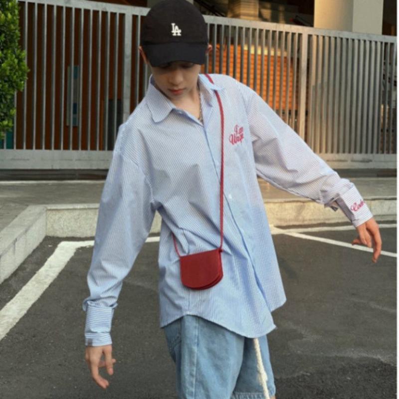 Product Introduction of Áo sơ mi tay dài Oxford thêu Codes studio tà bầu from rộng nam nữ 2 màu trắng kẻ sọc xanh basic striped shirt hàn quốc 26