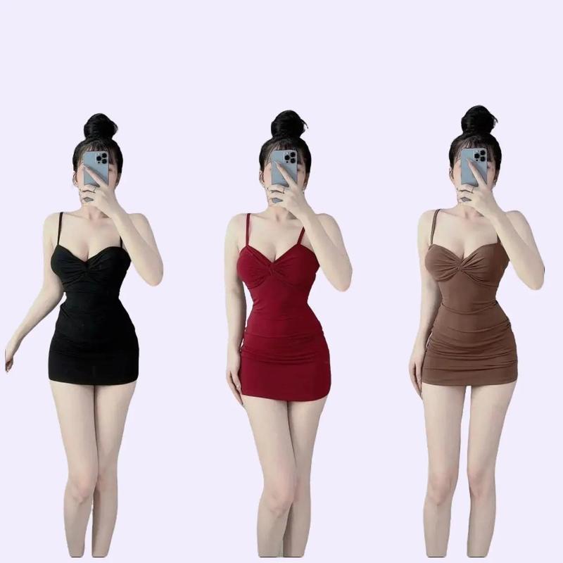 GL60018 - Đầm body 2 dây xoắn ngực có must chất thun ladong co giãn 40kg-55kg Ôm gọn Trơn Nữ Women Voi Dress Tre Màu Đỏ Kem Voan