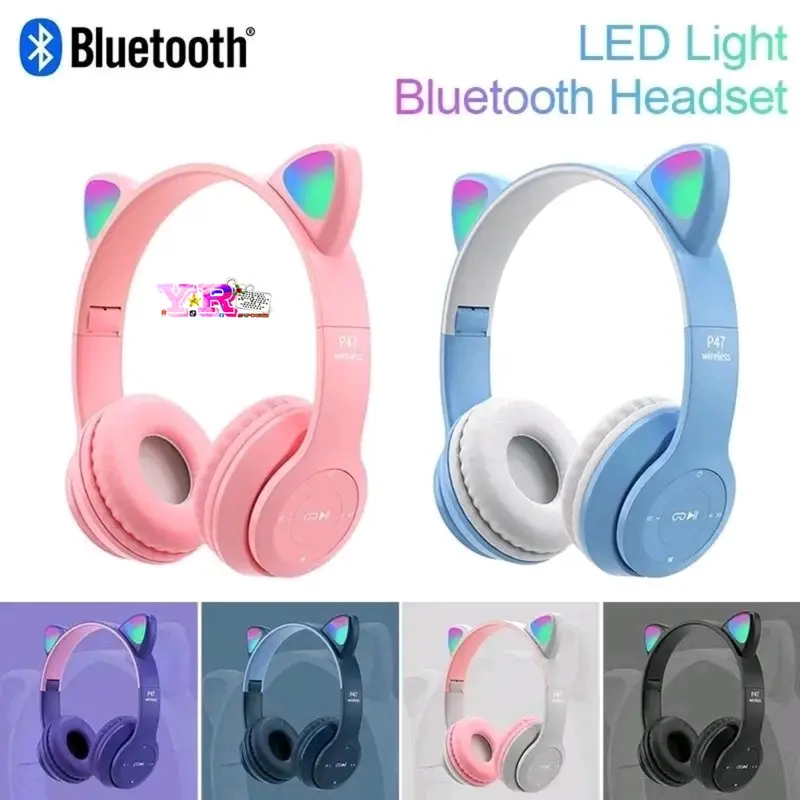 Termurah Headphone Bluetooth P47M RGB LED / Cute Cat Ear Wireless Audio Stereo Super Bass headset bando model kelinci Peredam Kebisingan 0