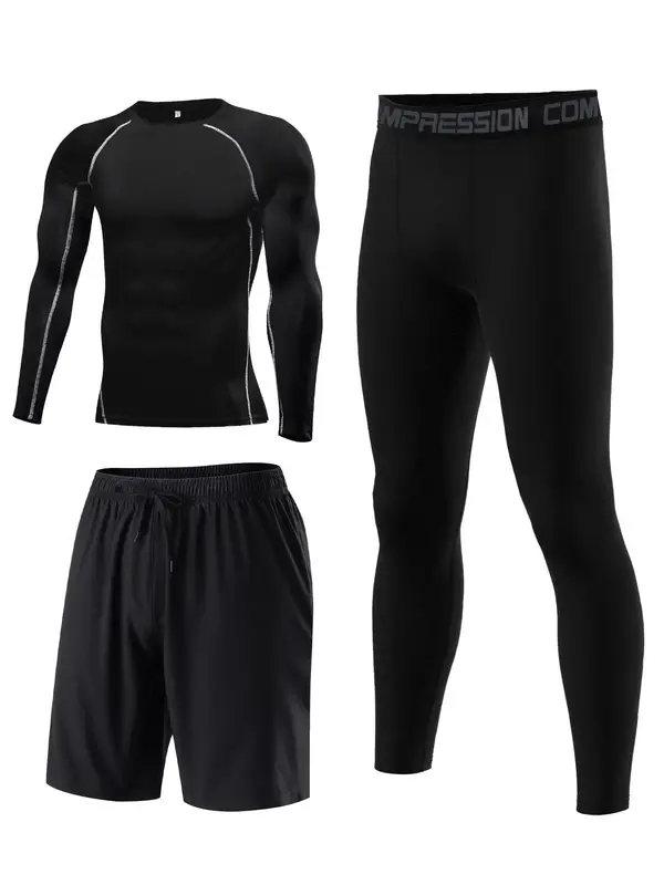 Men's Tracksuit Set, Long Sleeve T-shirt & Letter Tape Leggings & Drawstring Pocket Sports Shorts, Summer Sports Outfits Set for Men Golf 0