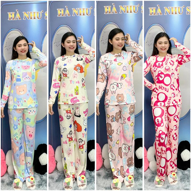 (MÃ 208) Đồ bộ thun tăm lạnh tay dài quần ống suông in hình dễ thương, 45-65kg, đồ bộ ủ kem mặc nhà, Hà Như  Nữ Áo Women Nhung Top Ong