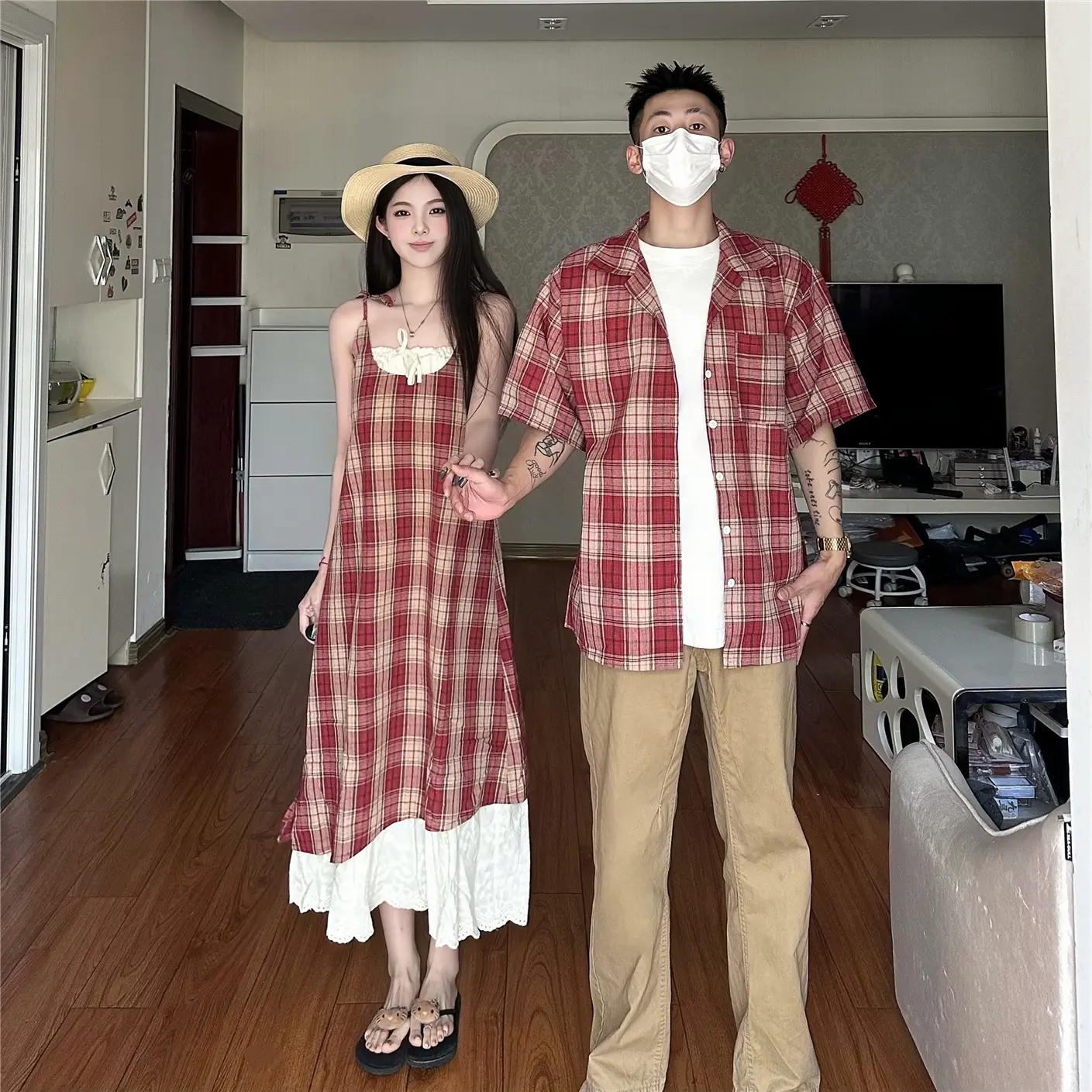 Trang Phục Cặp Đôi Kiểu Pháp, Hai Mảnh, Váy Hai Dây Đi Kỳ Nghỉ Mùa Hè, Kẻ Sọc Đỏ Ghép Nối, Váy Một Mảnh, Áo Sơ Mi Một Váy