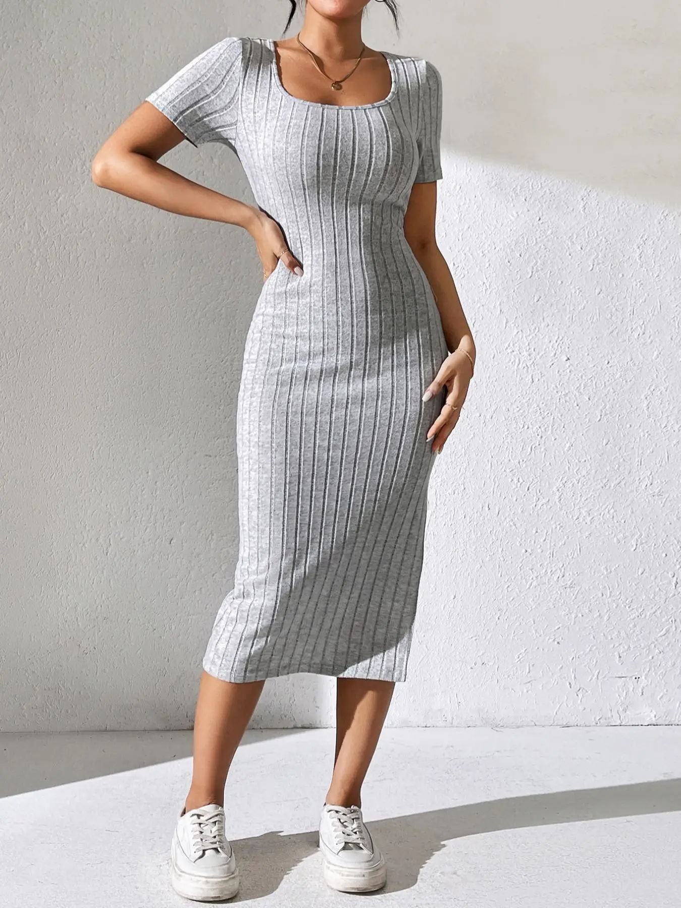 Women's Plain Split Thigh Square Neck Short Sleeve Dress, Summer, Summer Clothes, Dresses Summer, Summer Clothes Casual Short Sleeve Midi Dress, Women's Clothing