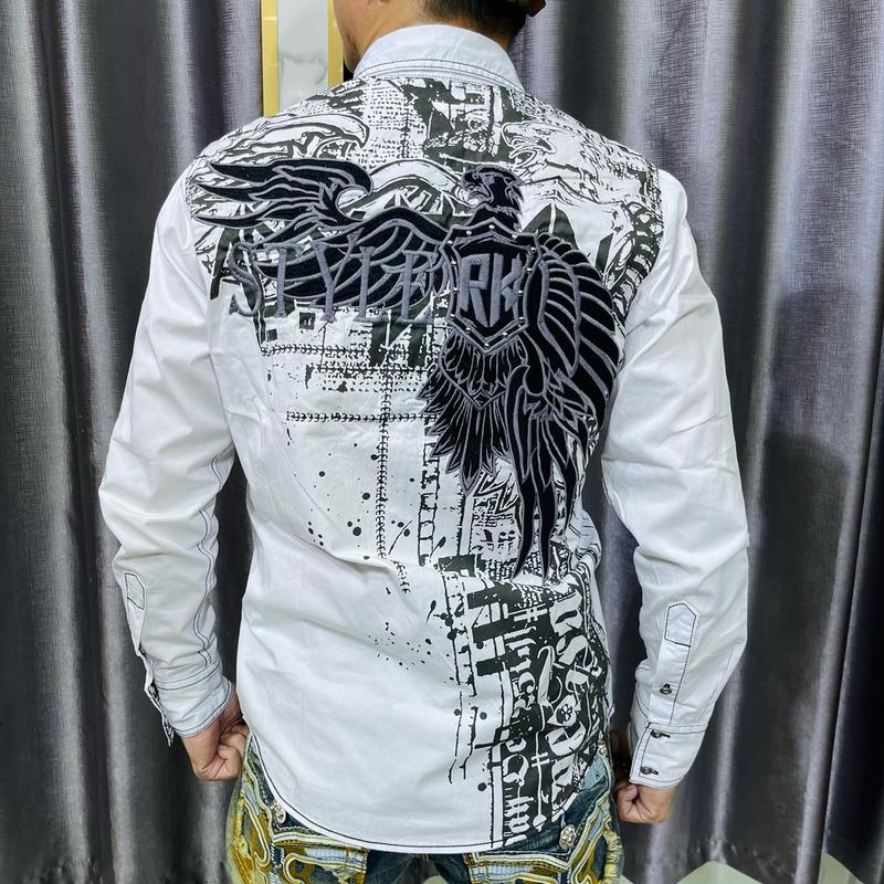 Áo sơ mi nam tay dài màu trắng, họa tiết in thêu hình đại bàng, chất vải kaki , nút hợp kim đồng