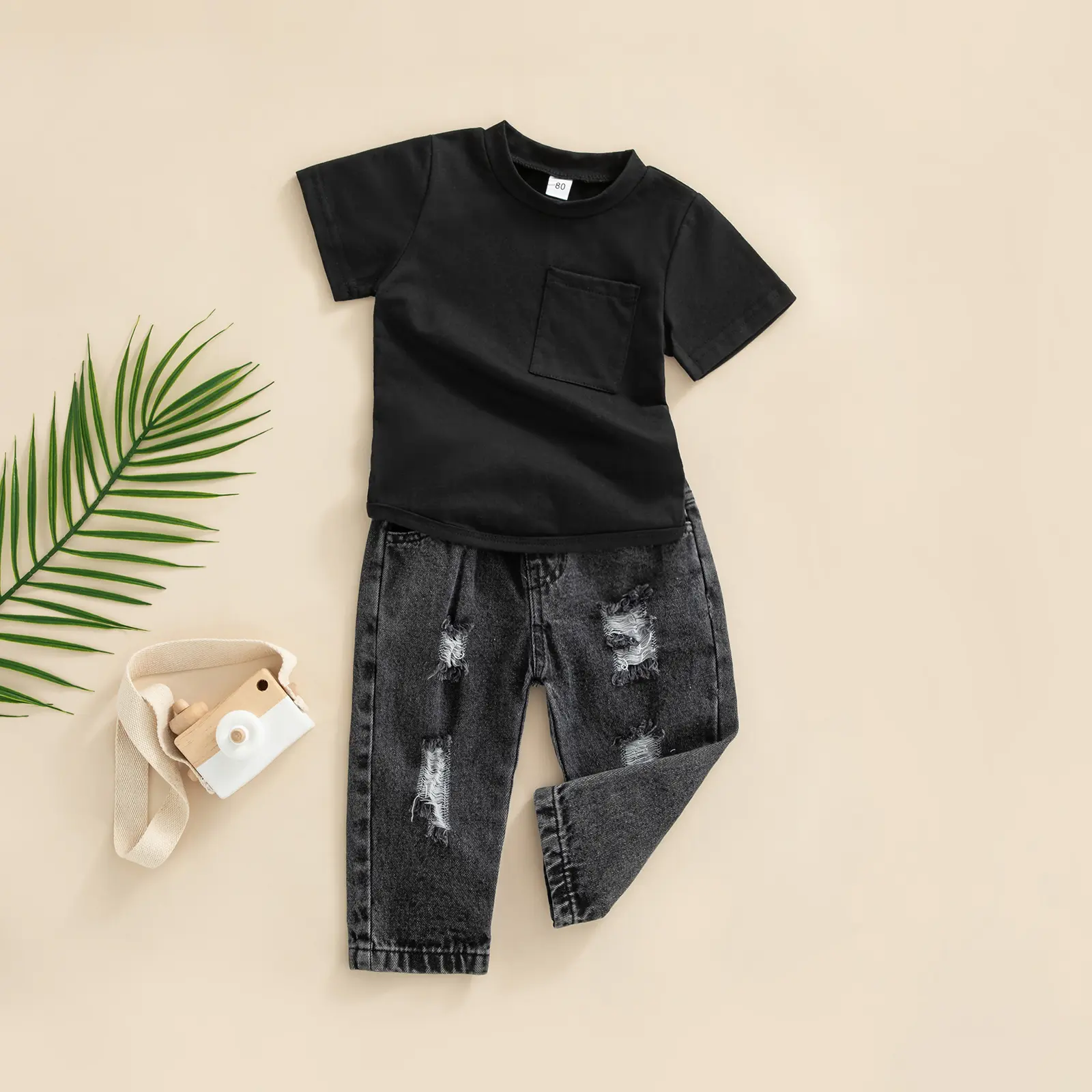 Infant Baby Boys 2 Pieces Outfits, Solid Color Round Neck Short Sleeve T-Shirt Tops + Ripped Jeans Denim Pants Set