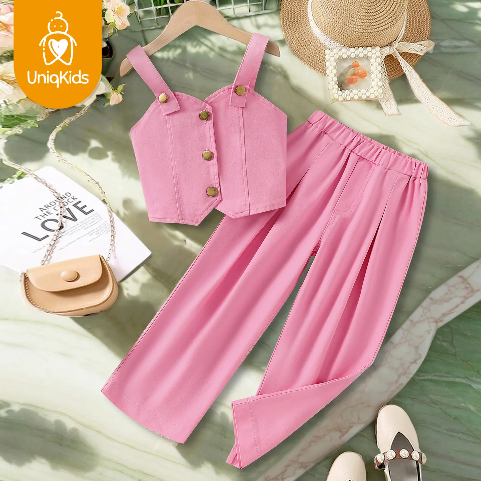 UniqKids 2024 New fashion Girls summer single-breasted halter vest + straight pants fashion set