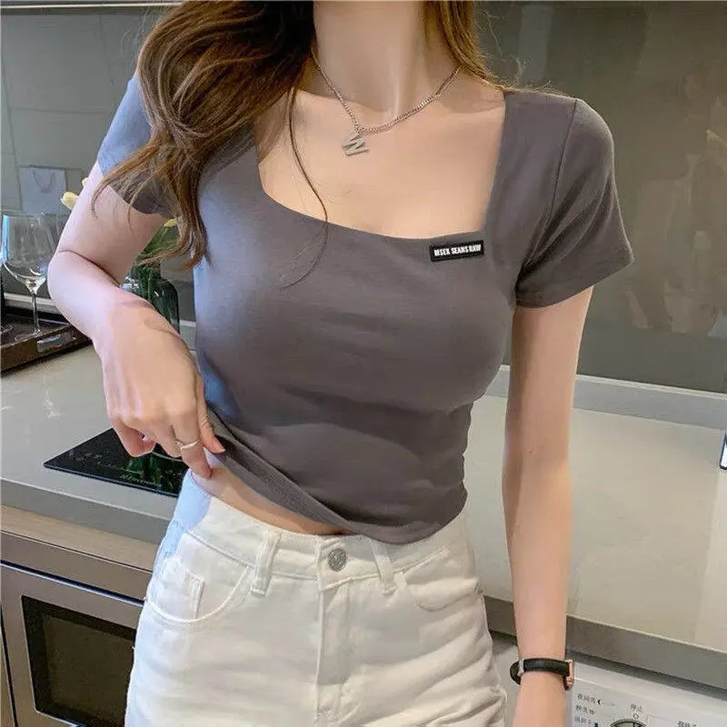Square Neck White Short Sleeve Sexy Women's T-Shirt Thin Women's Clothing 2022 Summer Fashion New Ins Style Women's T-Shirt
