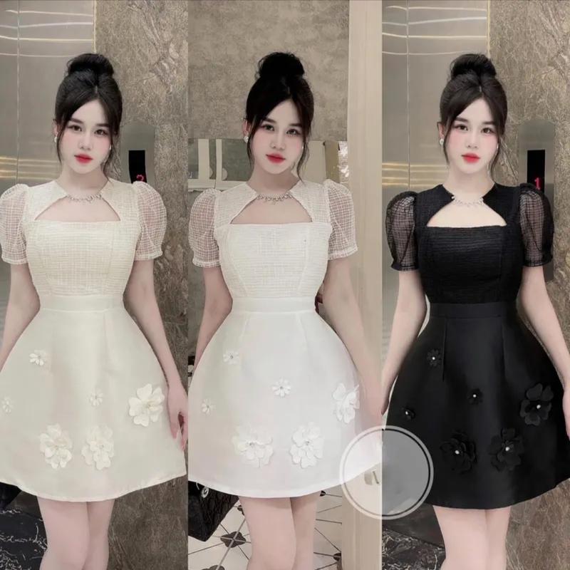 [CÓ BIG SIZE] Đầm dự tiệc ren phối hoa đính dây đá cổ cao cấp Amoree Dress Voan Nữ Trắng Voi