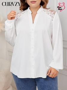 CURVZY Plus Size Contrast Lace Notched Neck Shirt, Casual Long Sleeve Button Front Top for Spring & Fall, Women's Clothes for Daily Wear