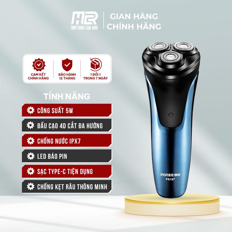 Máy cạo râu 3 lưỡi PS197, chống nước, lưỡi tự mài sắc, chân sạc type C, công suất 5w