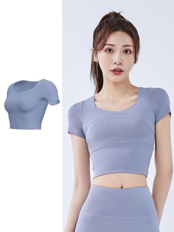 Áo thể thao yoga crop top, áo chạy bộ, quần tập gym ngắn tay, Tích hợp miếng đệm ngực cố định Sport Tập Thể Dục Nữ Tập Aerobic Áo Thun có thể giặt máy 【l】 áo thun thể thao 2