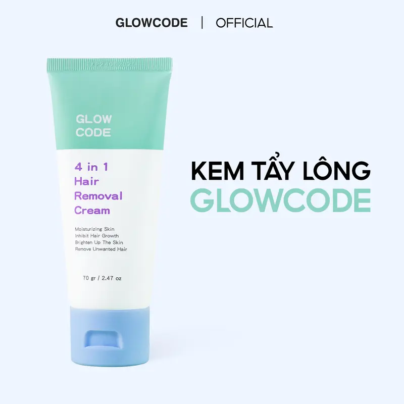 Kem tẩy lông hỗ trợ dưỡng ẩm, cải thiện sắc tố da, hỗ trợ lông mọc lại thưa, dùng được cho mọi loại da với sự mềm dịu của Niacinamide và Vitamin E 4IN1 GlowCode 70g Waxing