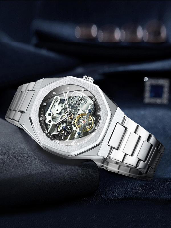 Men's Classic Business Rhinestone Decorated Analog Mechanical Watch, Fashion Watches for Men, Luminous Hands Watch for Party, Daily Clothing Decor, Trendy All-match & Exquisite Watch for Birthday Gift with Box 0