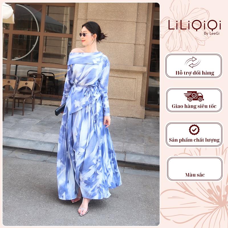 Set Váy Hoa Xanh Áo Lệch Vai Hoạ Tiết Thiết Kế LiLiQiQi By Leegi Chất Liệu Đũi Nhật Mềm Mượt Dành Cho Nữ Women Dress - AV803