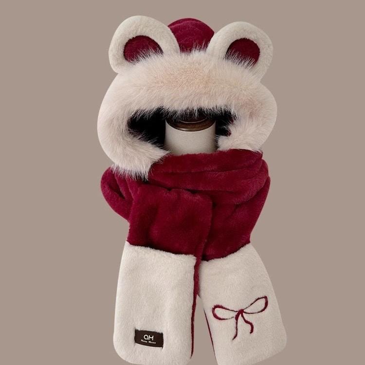 Mũ chùm đầu kèm khăn quàng cổ và găng tay xỏ Nơ, Mũ len nữ ấm áp mùa đông Women Cotton Titan