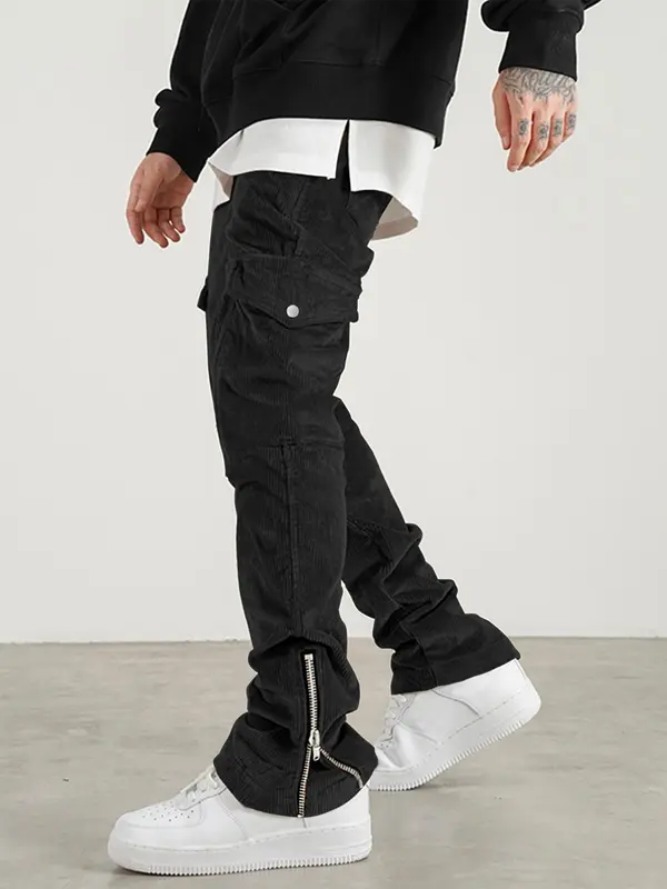 Men's Plain Flap Pocket Drawstring Waist Corduroy Cargo Pants, Regular Fit Street Fashion Zipper Split Trousers For Daily Wear, Men's Bottoms For Fall & Winter 8