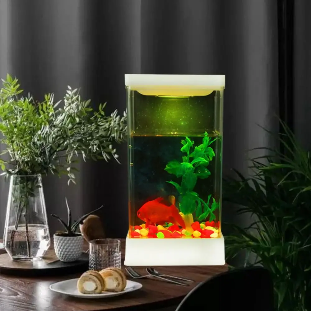 Creative Transparent Desktop Betta Fish Tank Adjustable Plastic Mini Fish Tank with Colorful Light LED Fish Tank Office Decor