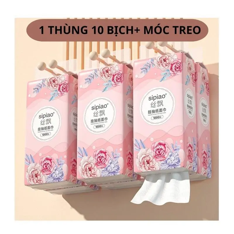 Thùng 5 Bịch Giấy SIPIAO Treo Trường 4 Lớp mỗi bịch 1000 tờ dai mềm tặng kèm móc treo Giấy Vệ Sinh