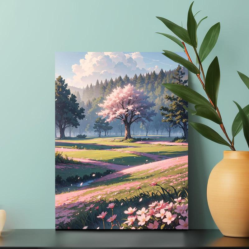 Spring Cherry Blossoms Landscape Pattern Painting with Frame, Creative Wall Art Poster, Wall Art Decor for Home Living Room Bedroom 2