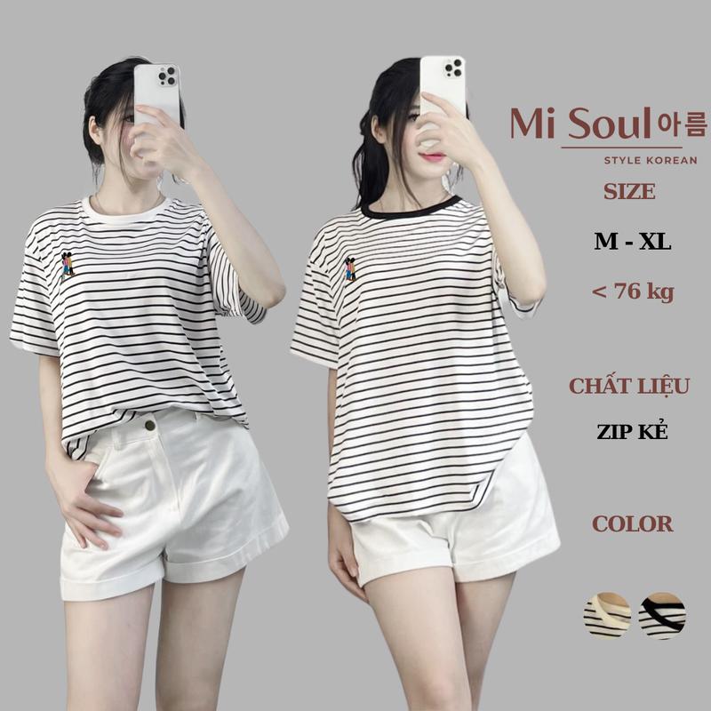 Áo Phông Kẻ Thêu Hình Ngựa Hình Người Bigsize Misoul Áo Phông Kẻ Dáng Rộng Thêu Ngực Cộc Tay 310-311 Nữ Top Women Cổ Tròn