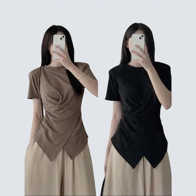 Áo Thun Nữ Trơn Cổ Tròn Tay Ngắn Bigsize 80kg Nhúm Eo Vạt Chéo