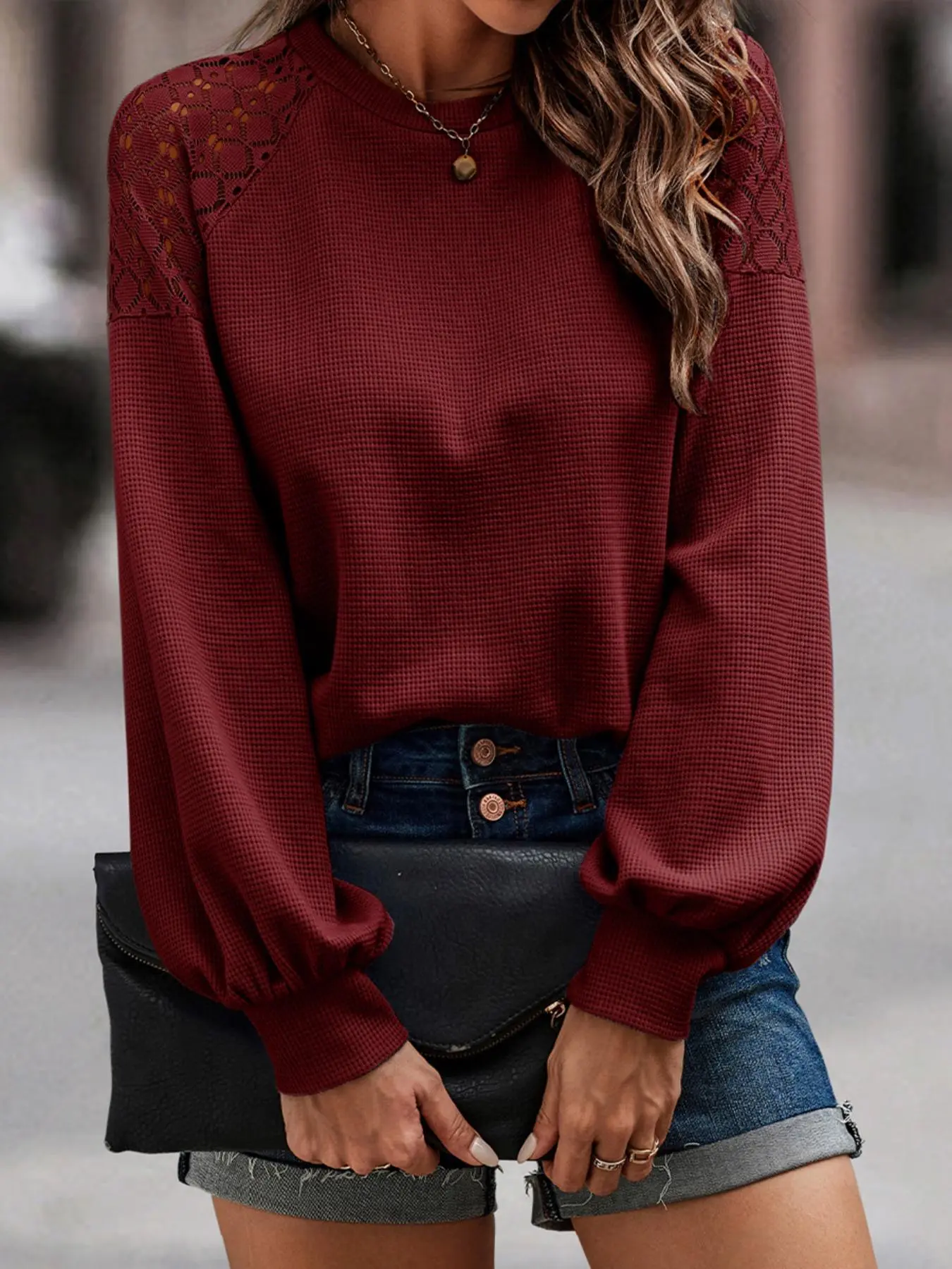 Summer Women's Plain Contrast Lace Raglan Sleeve Tee, Comfort Summer Clothes, Casual Round Neck Long Sleeve T-Shirt for Spring & Fall, Women's Top for Daily Wear, Womenswear