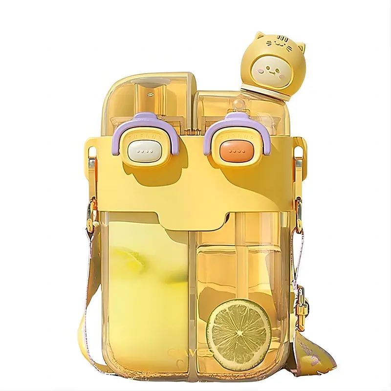 26oz Cute Bear Design Water Bottle, Portable Double Compartment Sports Water Bottle with Adjustable Strap, Leak-proof Water Bottle for Outdoor Sports School 4