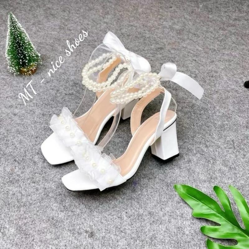 G10 giày sandal dây quấn cổ chân. GIÀY SANDAL CAO GÓT NỮ ĐẾ VUÔNG 5 PHÂN QUAI ĐÍNH NGỌC THẮT NƠ. DéP Nữ Shoes Jean Đồng dep nu gu ốc
