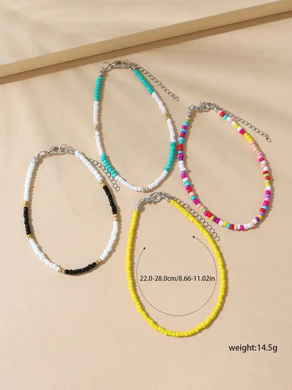 4pcs Boho Style Colorblock Beaded Anklet, Fashionable Foot Jewelry For Women, Daily Clothing Decor For Girl 4