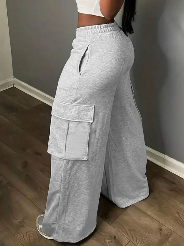 Women's Plain Flap Pocket Sweatpants, Casual Street Wide Leg Trousers for Daily Wear, Ladies Bottoms for Fall & Winter 0