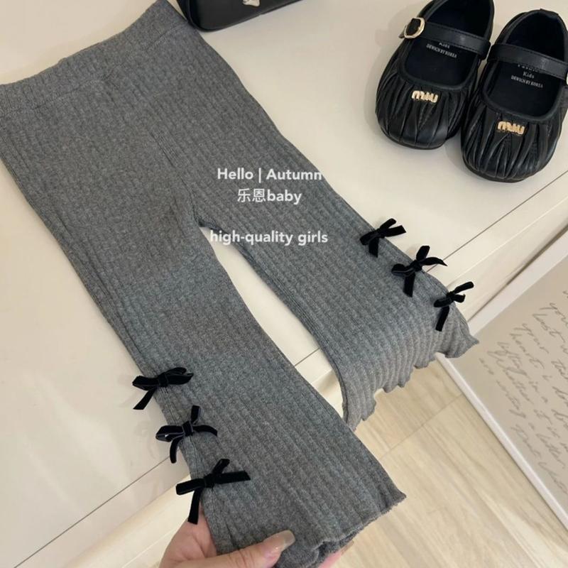 Product Introduction of Girls Flared Pants 2024 Autumn New Korean Style Baby Bow Stretch Sunken Stripe Cotton All-Matching Slim Fit Pants Fashion 3