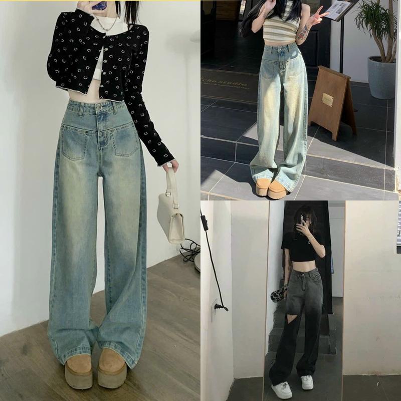 Quần Jeans Loang Rách Ống Rộng Nữ [FREESHIP]  Culottes jean dáng suông cạp cao màu  ĐEN Ulzzang HOT Pants Dáng Dài Women Ong