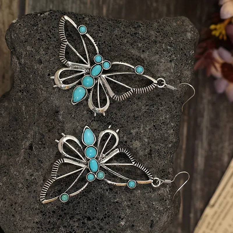 Exquisite Butterfly Design With Hollowed-out Details, Inlaid With Turquoise Pendant Earrings, Vintage Western-style Jewelry Plated With Golden Silvery, A Delicate Gift For Women 4