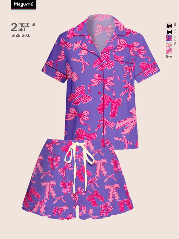 Women's Bow Print Lapel Shirt & Shorts Pyjama Set, Casual Comfy Short Sleeve Pocket Top & Shorts Set, Ladies Sleepwear for All Seasons 0