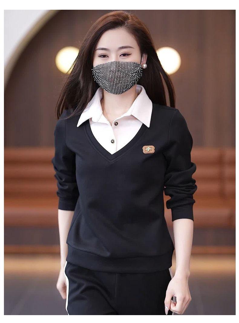 Product Introduction of Bộ Đồ Quần Áo Thể Thao Thường Ngày Cho Nữ, Bộ Sưu Tập Mùa Xuân Và Mùa Thu, Thời Trang Mới, Thích Hợp Cho Mẹ Trẻ, Áo Sơ Mi Chắp Vá, Cổ Áo, Áo Len Mỏng, Bộ Hai Mảnh 13