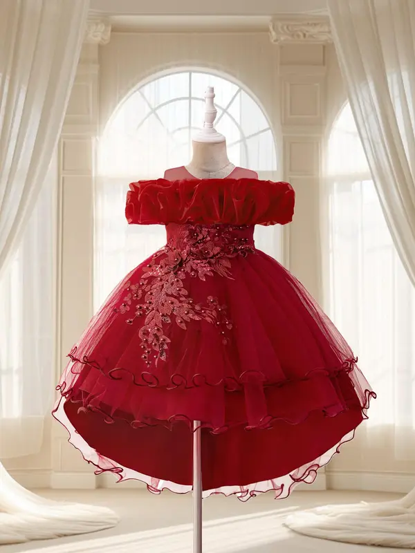 Girl's Floral Embroidery Layered Tulle Formal Dress, Elegant Party Tutu Dress for Performance Show Wear, Kids Clothes for All Seasons 7