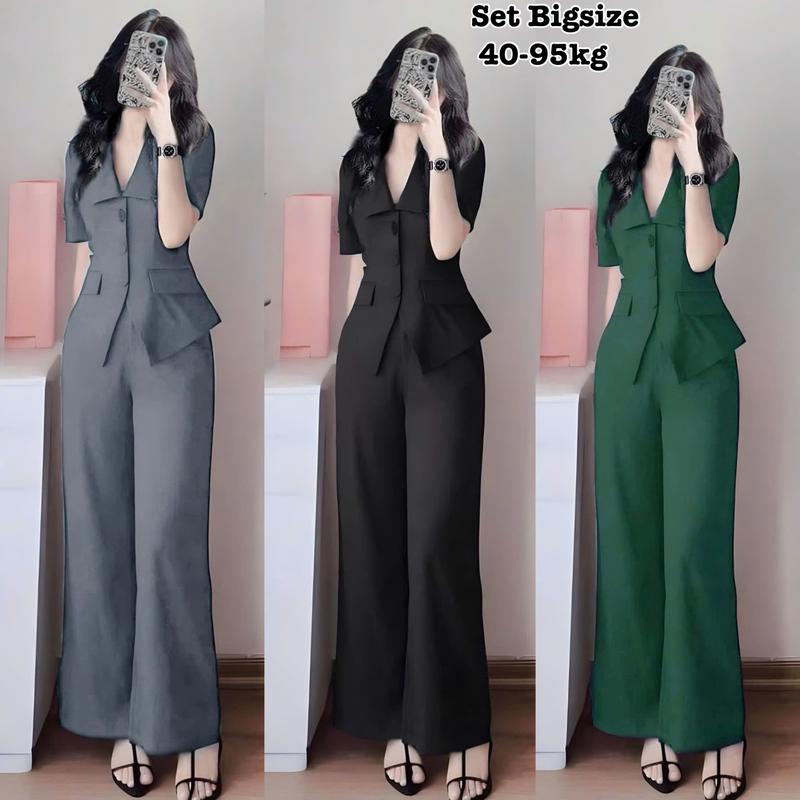 Thời Trang Bigsize - Set Bộ Dài Tay Ngắn Bigsize Cổ Vest Quần Ống Suông Lụa Chéo Thái Thiết Kế Dự Tiệc Nữ Cao Cấp Xinh Đẹp Sang Trọng  50-95kg  Top  Màu Nâu Sen Màu Đen Set Đồ Nữ đẹp Set Áo Croptop Bộ Suit Nữ Sang Chảnh Bigsize Women Xanh Rêu set  vest