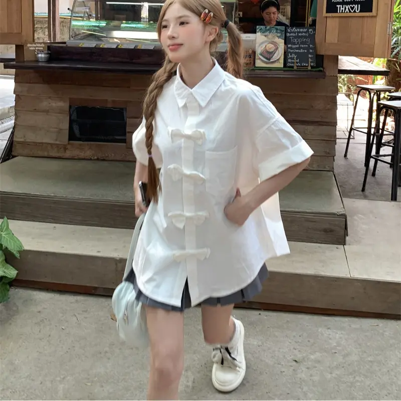 Áo sơ mi tay ngắn đính nơ ba chiều dành cho nữ, Áo sơ mi form rộng màu trơn mùa hè Top Women Xanh Trắng áo sơ mi nữ hottrend 3