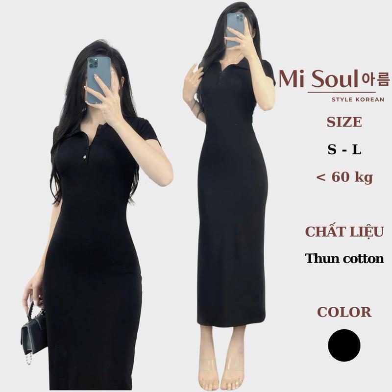 Váy Ôm Body Dáng Dài Cộc Tay Cổ Polo Mix Cúc Xẻ Tà Phía Sau BigSize Đầm Body Dáng Dài MiSoul 398