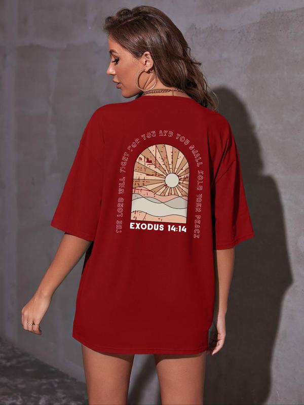 Women's Round Neck Drop Shoulder Graphic Tee, Summer Clothes Women, Casual Half Sleeve Crew Neck T-shirt for Summer, Women's Top for Daily Wear, Women's Clothing 3