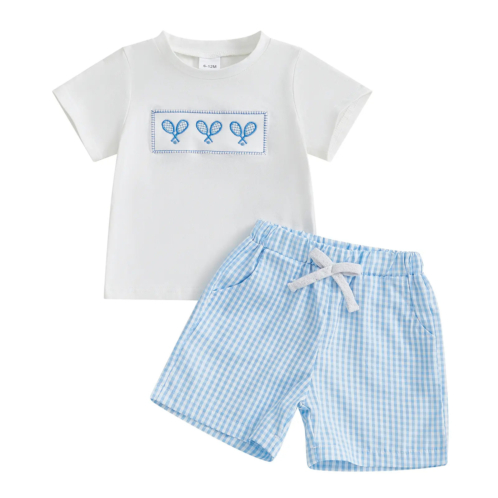 Toddler Boy Summer Outfits Tennis Racket Embroidery Short Sleeve T-Shirts with Plaid Shorts 2Pcs Set	