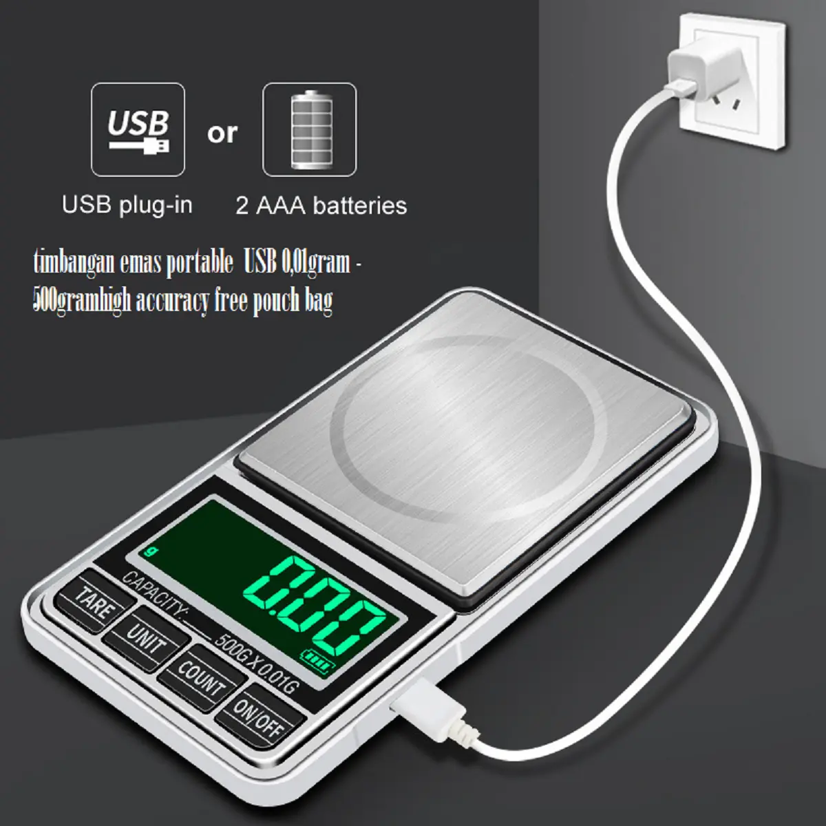 timbangan emas portable  USB 0,01gram - 500gramhigh accuracy free pouch bag