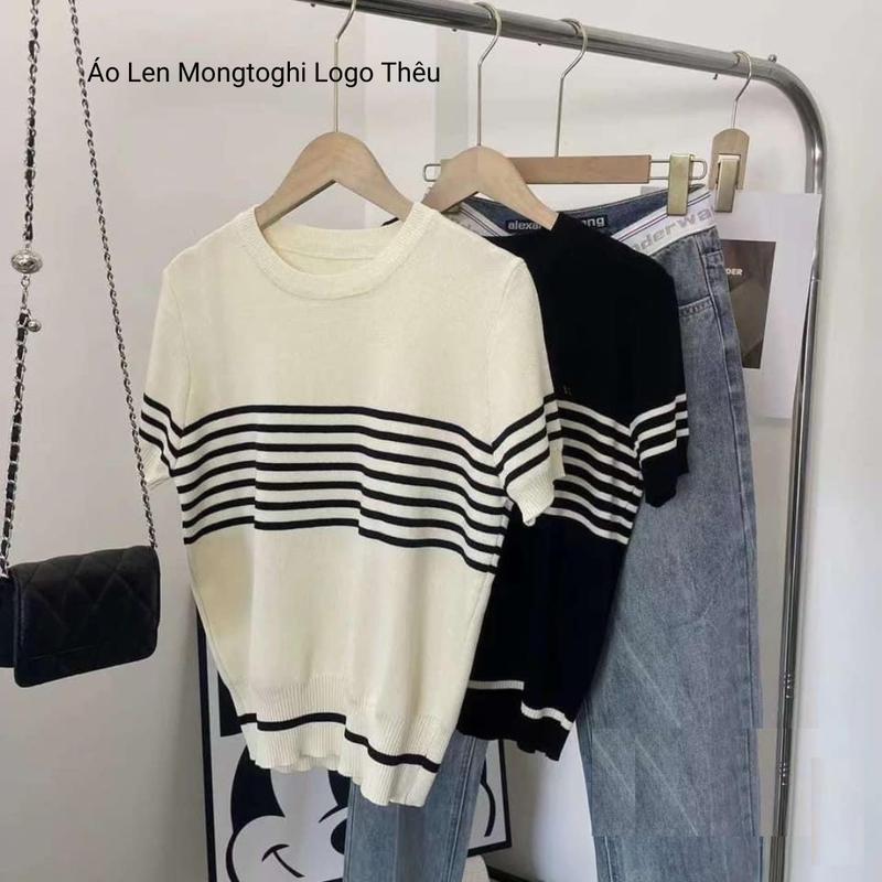 Áo len nữ kẻ sọc tay ngắn , áo len thêu ngựa màu trắng màu kem , áo len mongtoghi phong cách hàn quốc hot trend