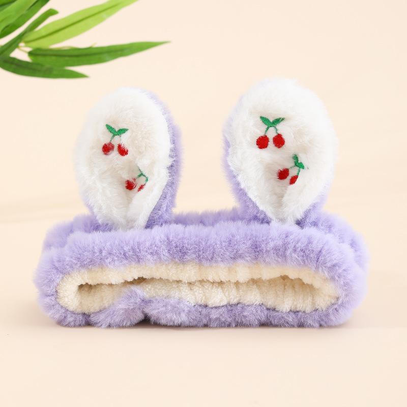 Product Introduction of Autumn and Winter New Rabbit Plush Embroidery Cherry Color Matching Hair Band Coral Velvet Cute Cartoon Face Wash Makeup Application 5