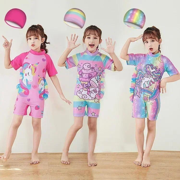 Product Introduction of Conservative Swimsuit 2024 One-piece Girl's Short-sleeved Shorts Swimsuit Cartoon Cute Children's Swimsuit Baby Girl 2